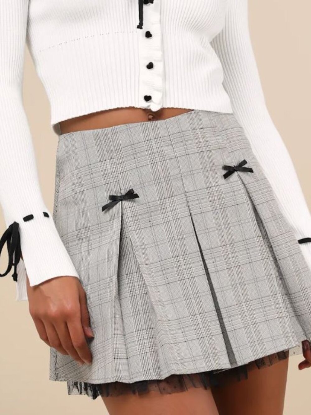 Lulus Academia Plaid Mesh Ruffled Bow Mini Skirt | M